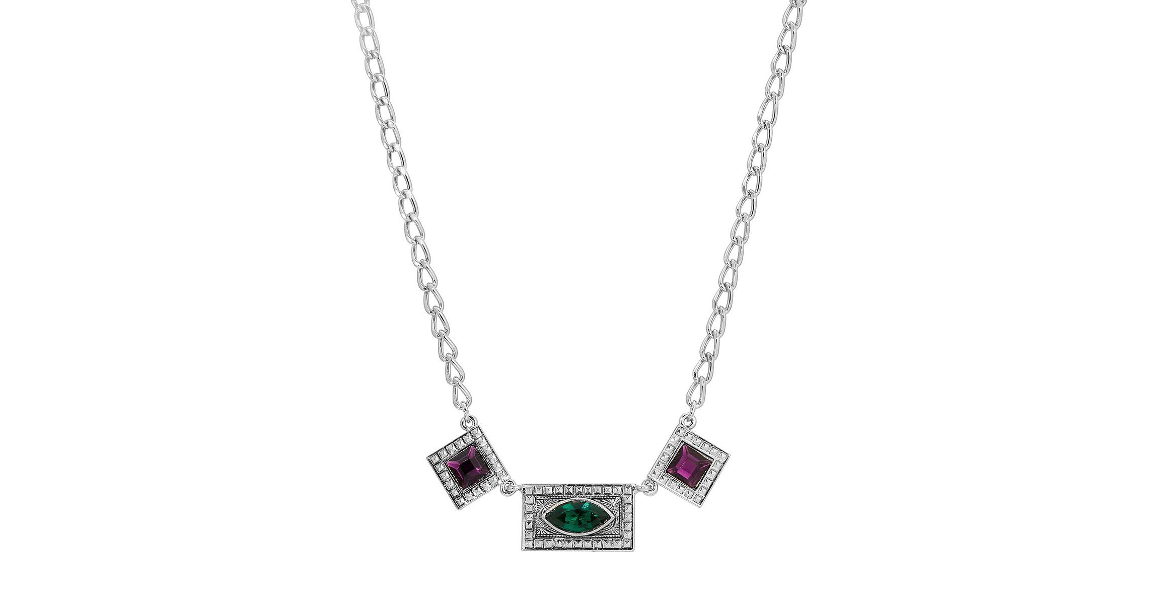 Silver Tone Green And Purple Stones 16" + 3" ADJ Necklace