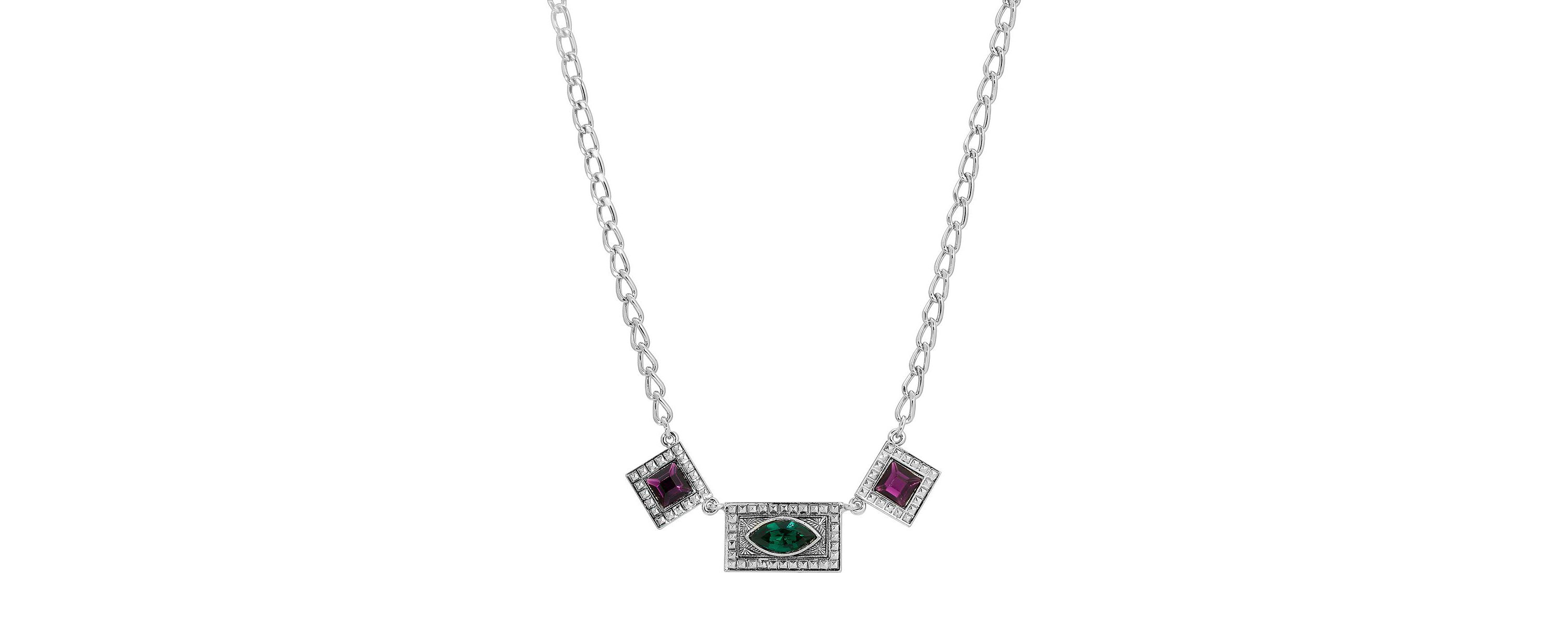 Silver Tone Green And Purple Stones 16" + 3" ADJ Necklace
