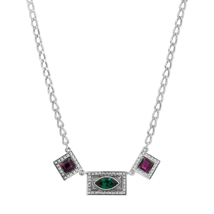 Silver Tone Green And Purple Stones 16" + 3" ADJ Necklace