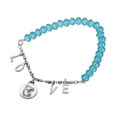 Silver Tone Aqua Beads With Silver Tone Love and Horse Head Bracelet