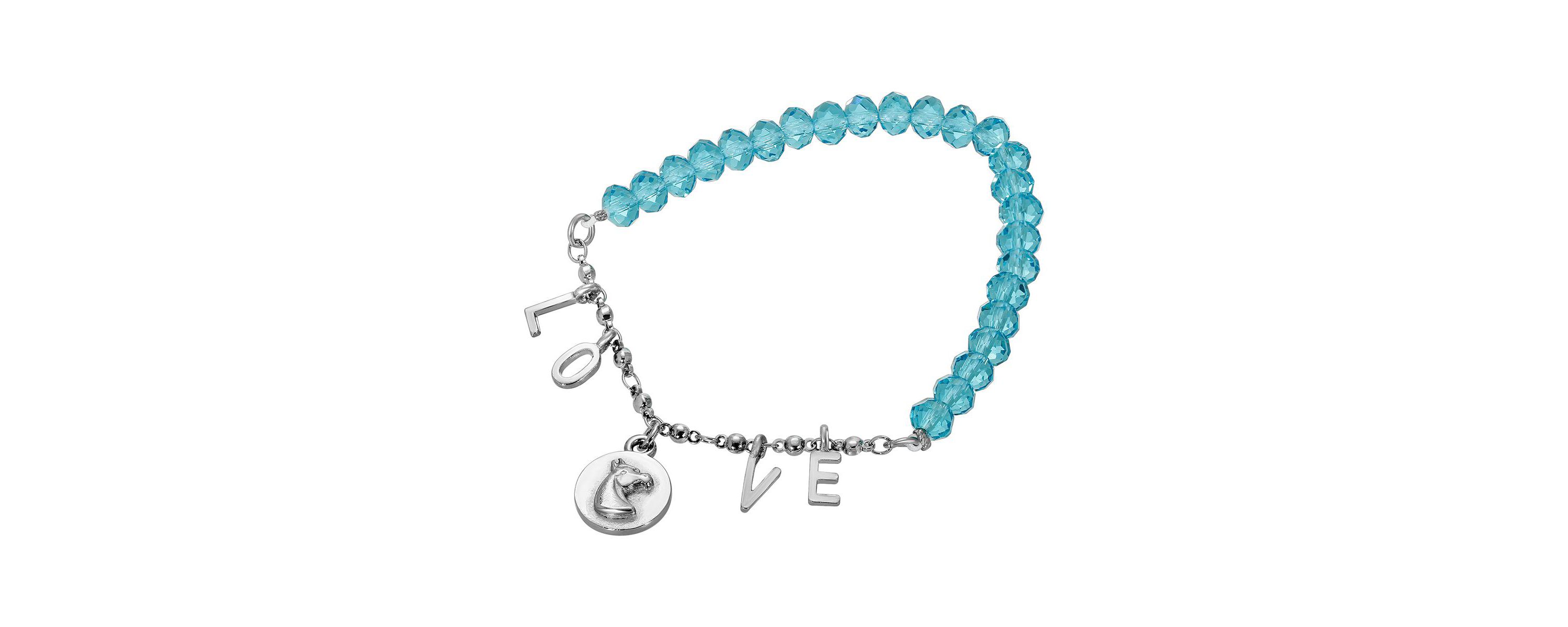Silver Tone Aqua Beads With Silver Tone Love and Horse Head Bracelet