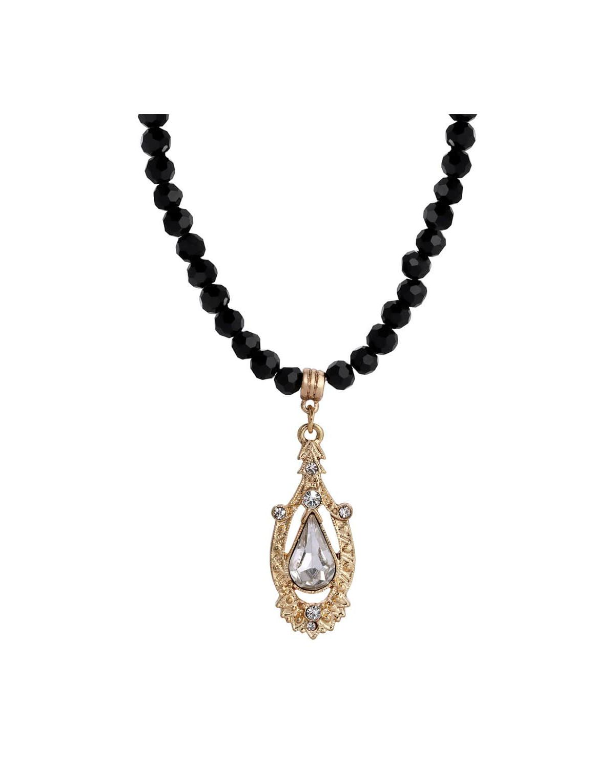 Black And Gold Tone Crystal  Pear Shaped Center Drop Necklace