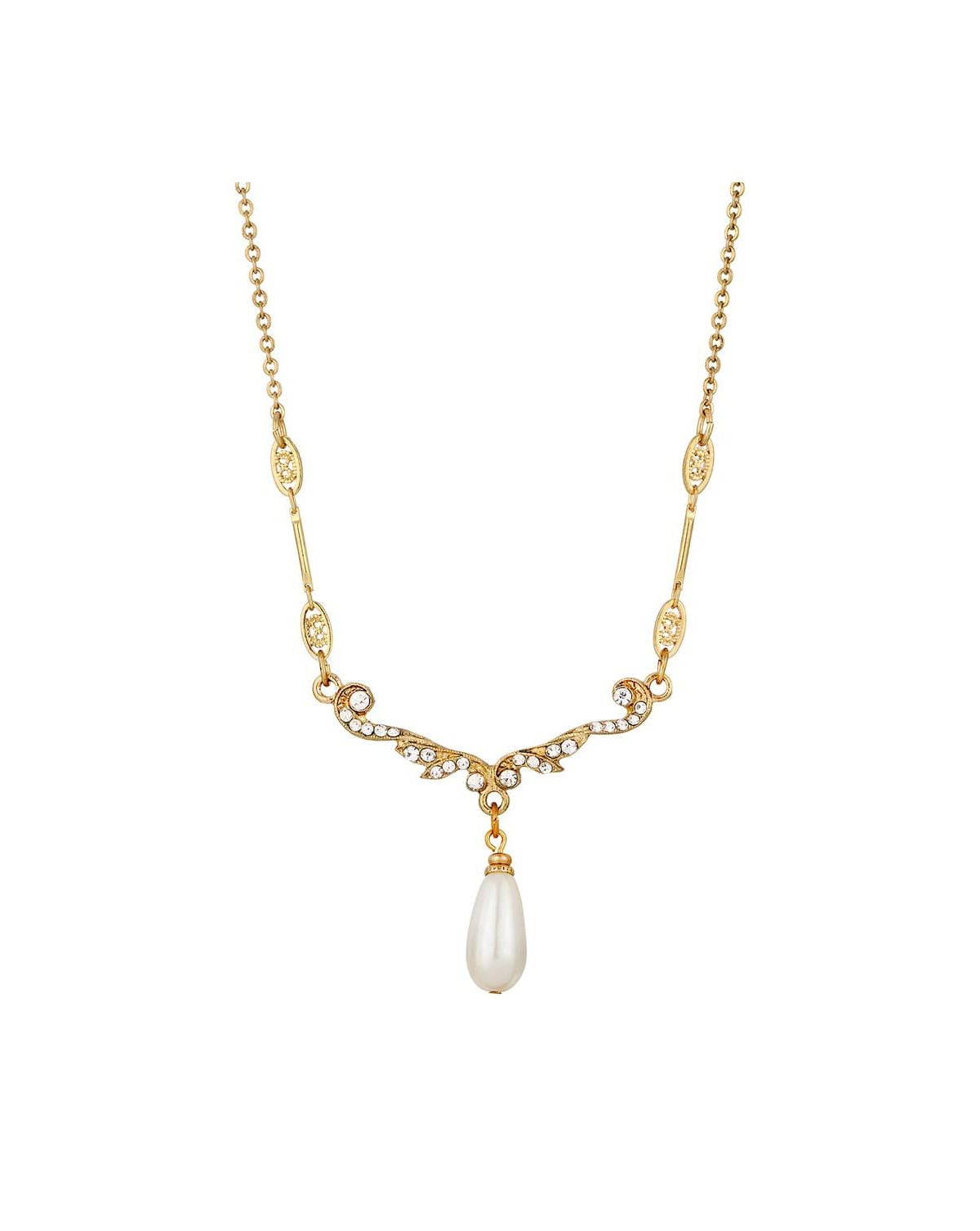 Gold Tone Pearl And Crystal Drop 16"+3" ADJ Necklace