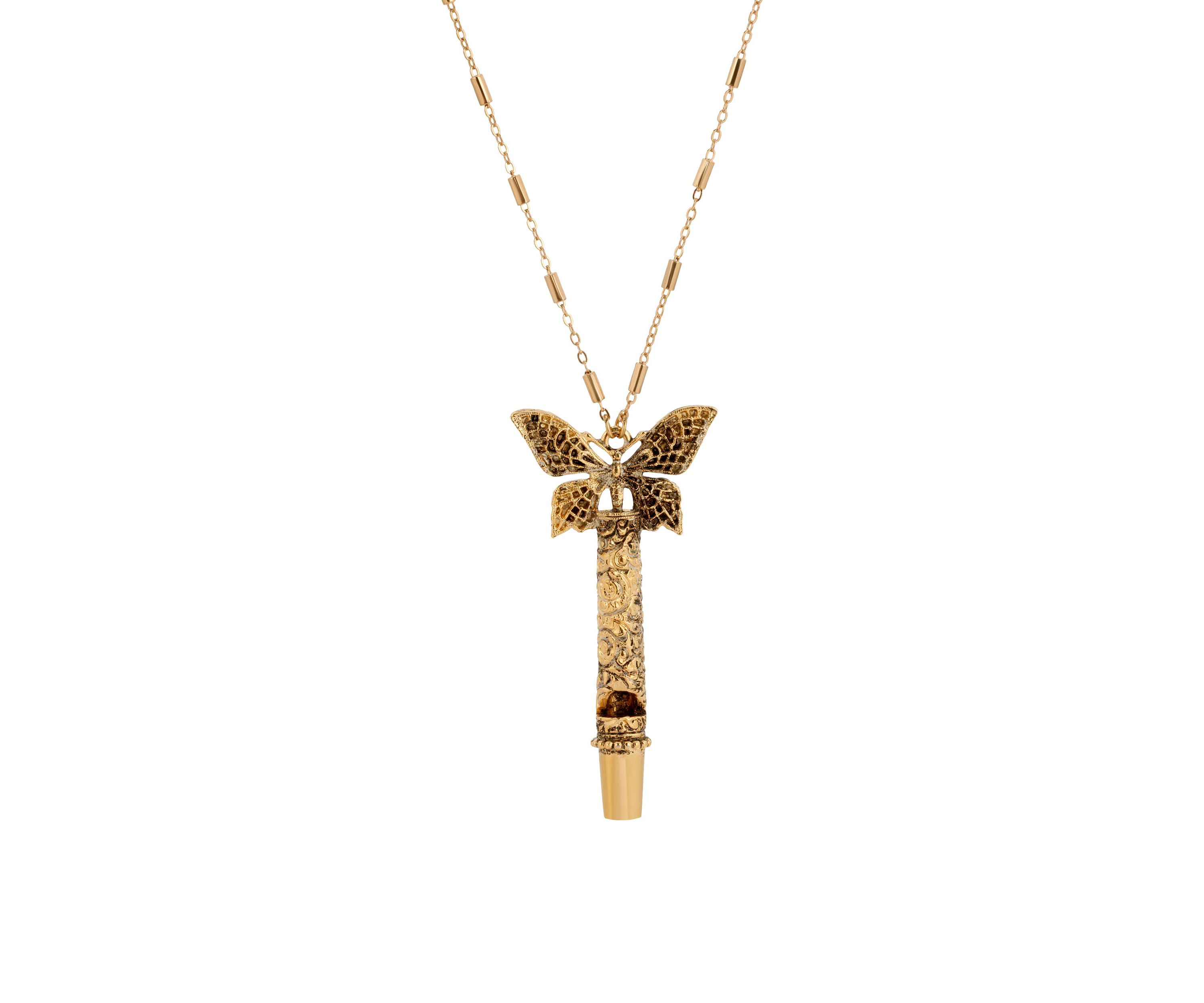 Gold Tone Butterfly Whistle Necklace 28"