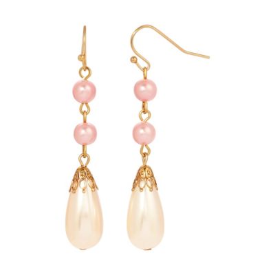 Gold Tone Pink And White Pearl Drop Earrings
