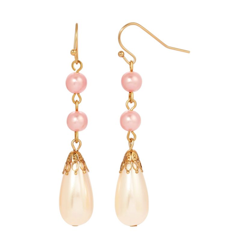 Gold Tone Pink And White Pearl Drop Earrings