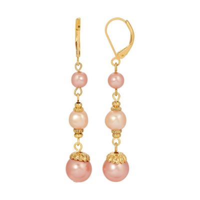 Gold Tone Pink And White Drop Faux Pearl Earrings