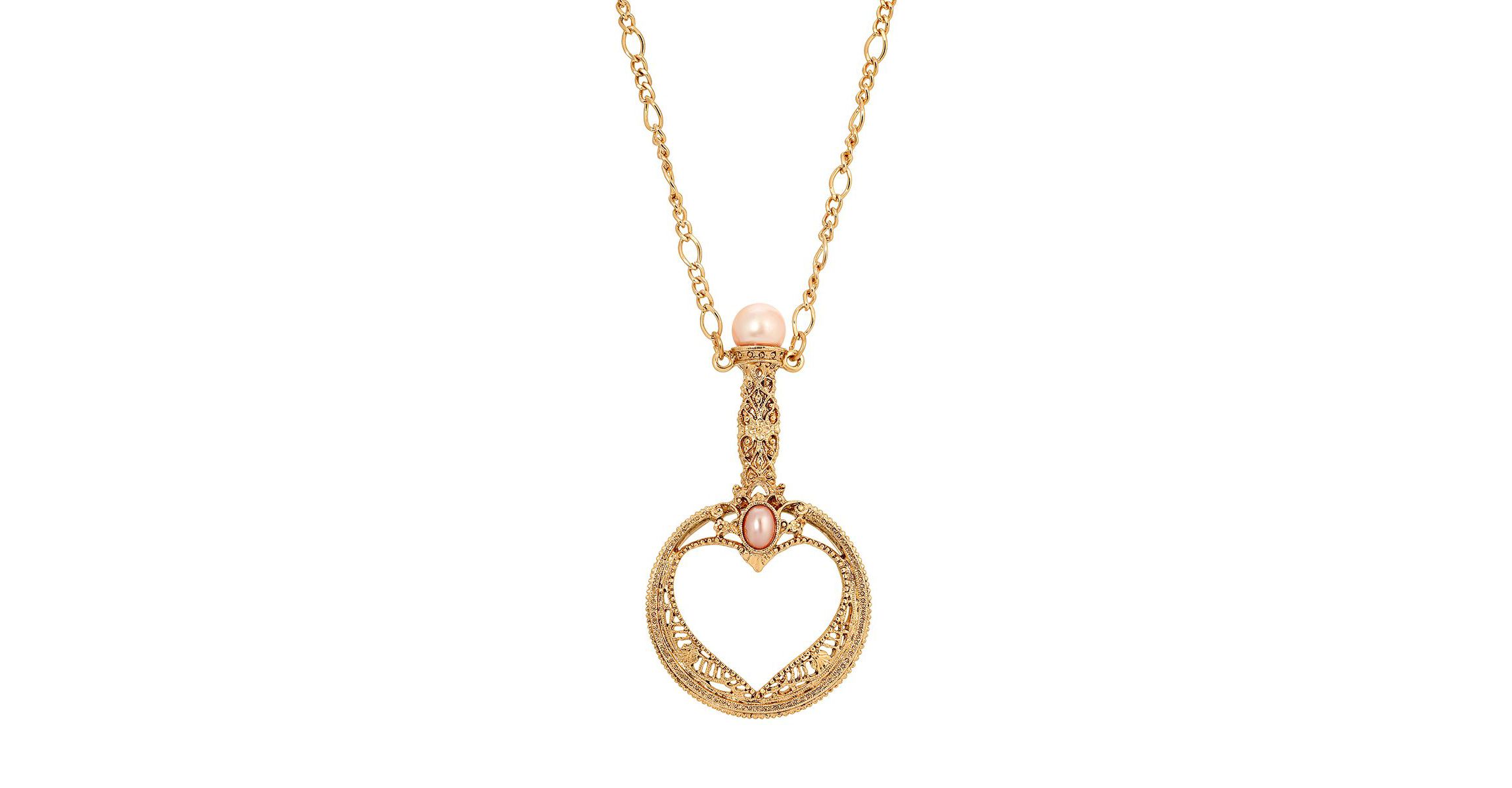 Gold Tone Pink Faux Pearl Magnifying Glass 30" Necklace