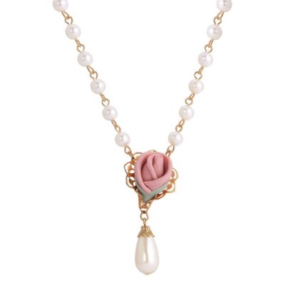 1928 Jewelry Gold Tone Flower With Pearl Drop 15" + 3" ADJ Necklace, Pink
