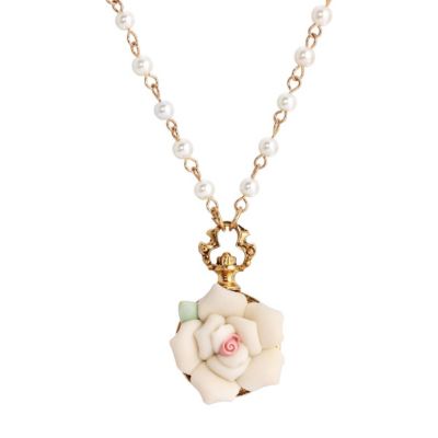 Gold Tone Flower With Pearl 16" +3" ADJ Necklace