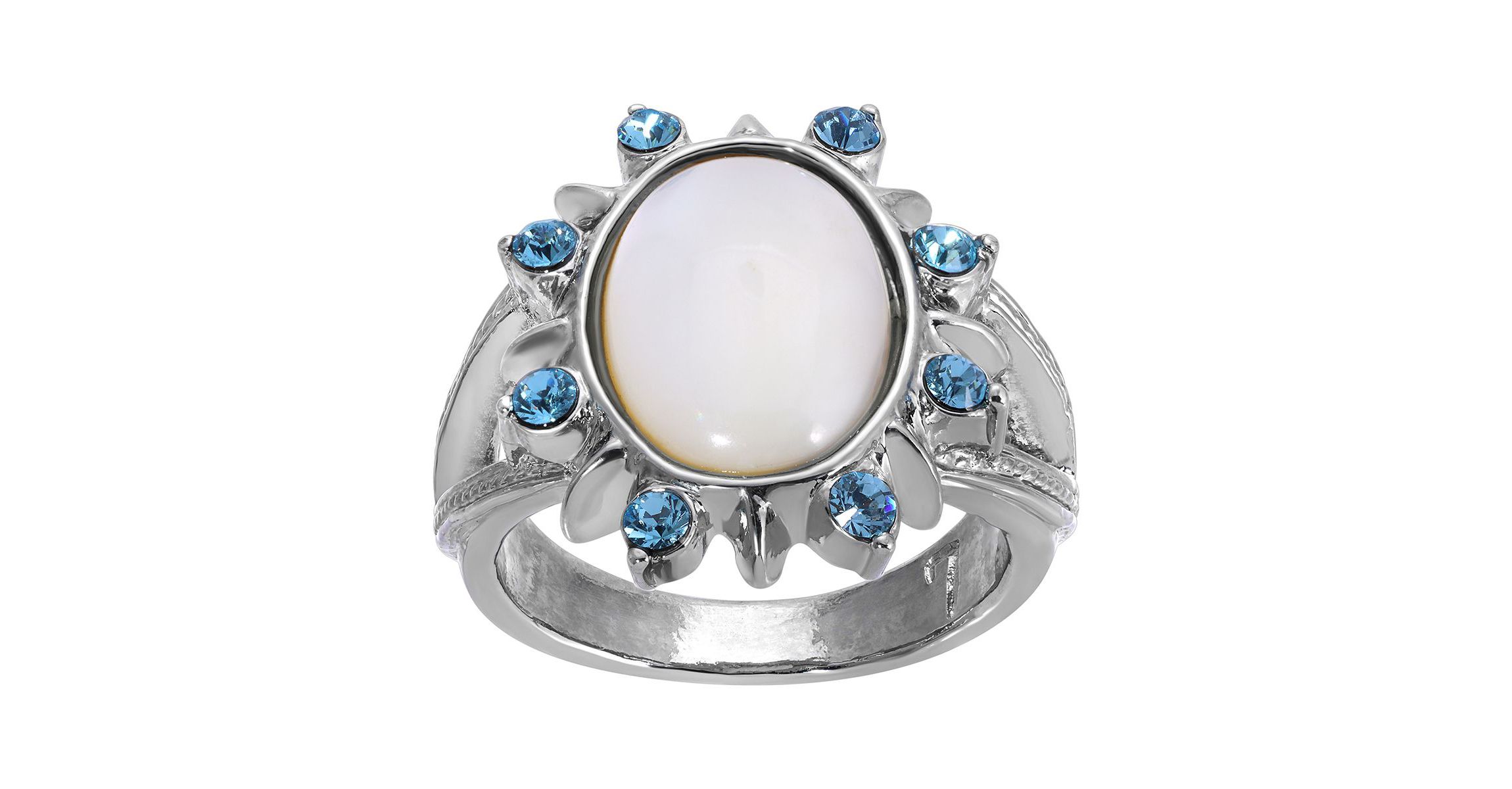 Silver Tone Mother Of Pearl And Aqua Stone Size 7 Ring