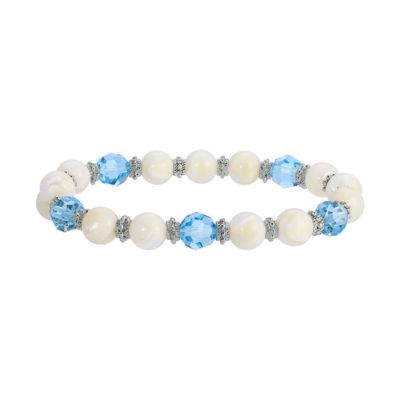 Silver Tone Mother Of Pearl With Aqua Stone Stretch Bracelet