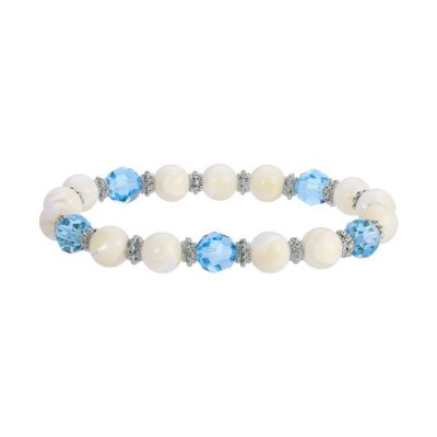 1928 Jewelry Silver Tone Mother Of Pearl With Aqua Stone Stretch Bracelet, White