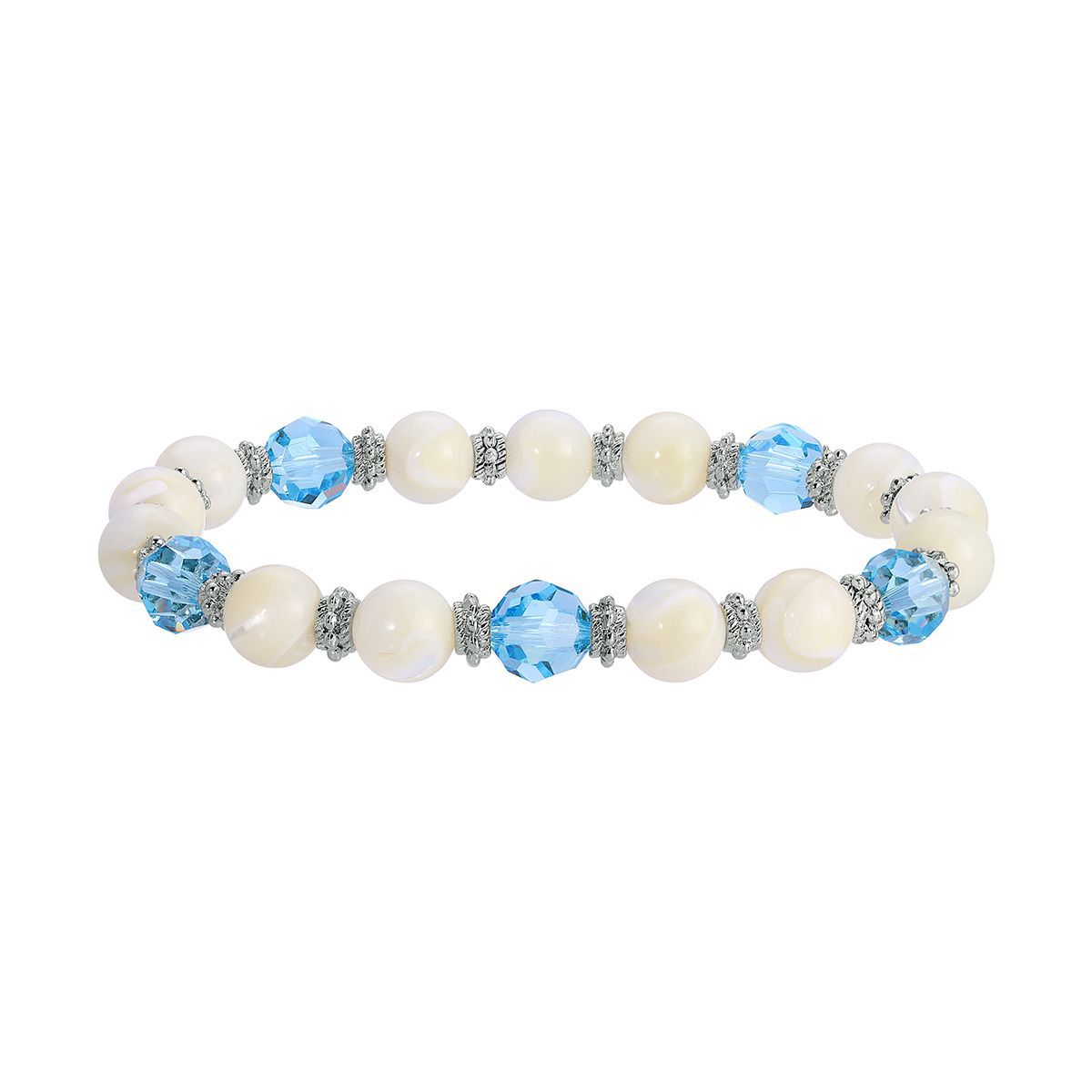 Silver Tone Mother Of Pearl With Aqua Stone Stretch Bracelet