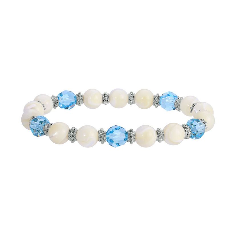 Silver Tone Mother Of Pearl With Aqua Stone Stretch Bracelet