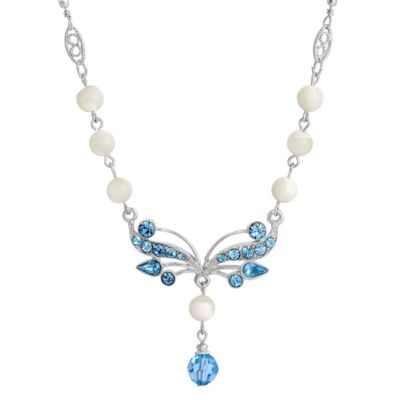 1928 Jewelry Silver Tone Aqua And Mother Of Pearl 16" + 3" ADJ Necklace, White