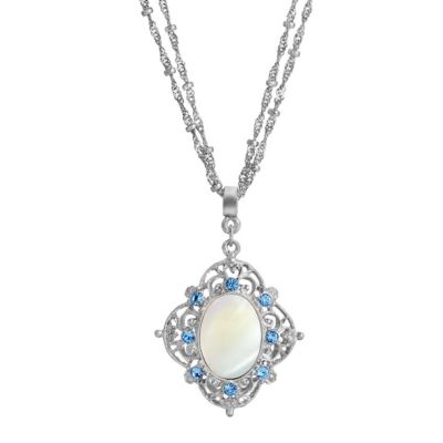 1928 Jewelry Silver Tone Aqua And Mother Of Pearl 16" + 3" ADJ Necklace, White