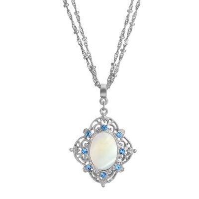 Silver Tone Aqua And Mother Of Pearl 16" + 3" ADJ Necklace