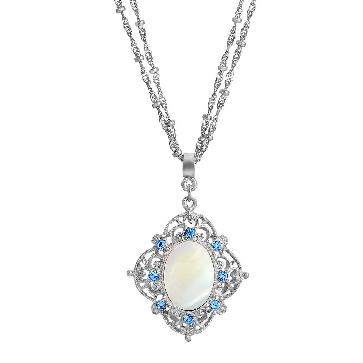 Silver Tone Aqua And Mother Of Pearl 16" + 3" ADJ Necklace