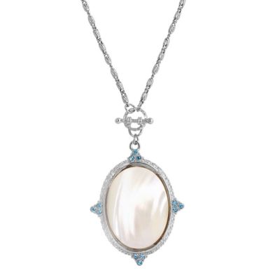 Silver Tone Aqua And Mother Of Pearl 30" Necklace