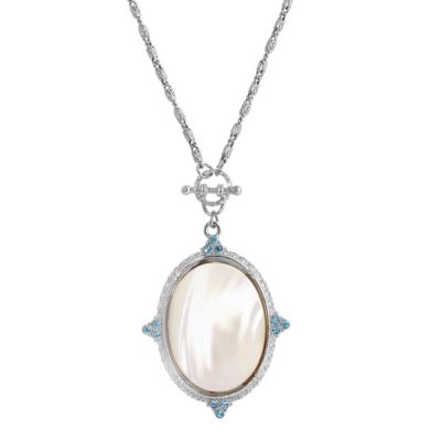 1928 Jewelry Silver Tone Aqua And Mother Of Pearl 30" Necklace, White