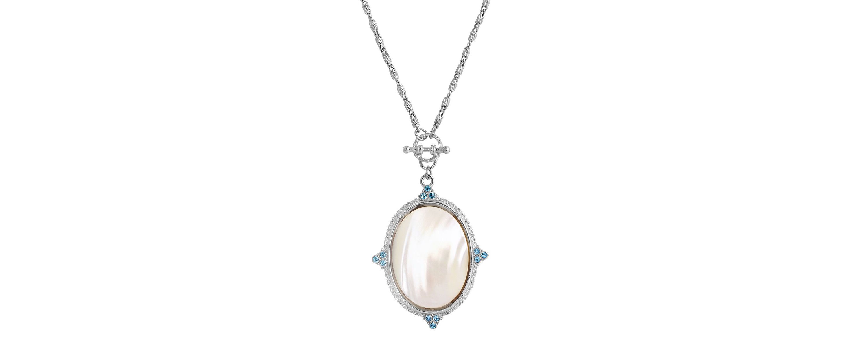 Silver Tone Aqua And Mother Of Pearl 30" Necklace