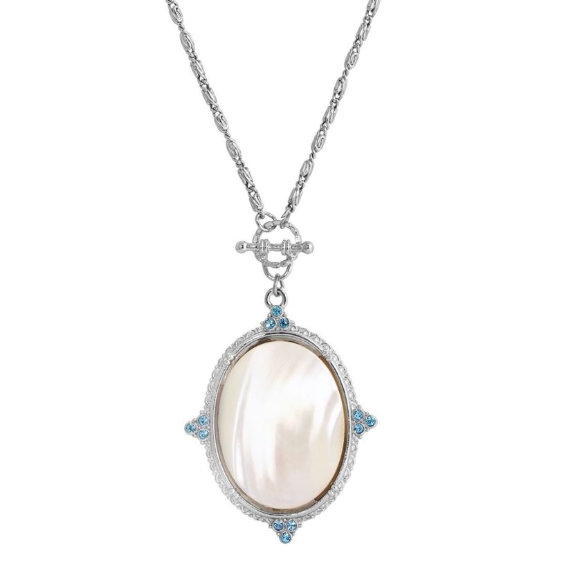 Silver Tone Aqua And Mother Of Pearl 30" Necklace