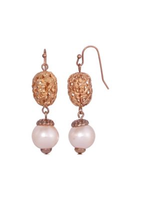 Rose Gold-Tone Faux Pearl Filigree Drop Earrings