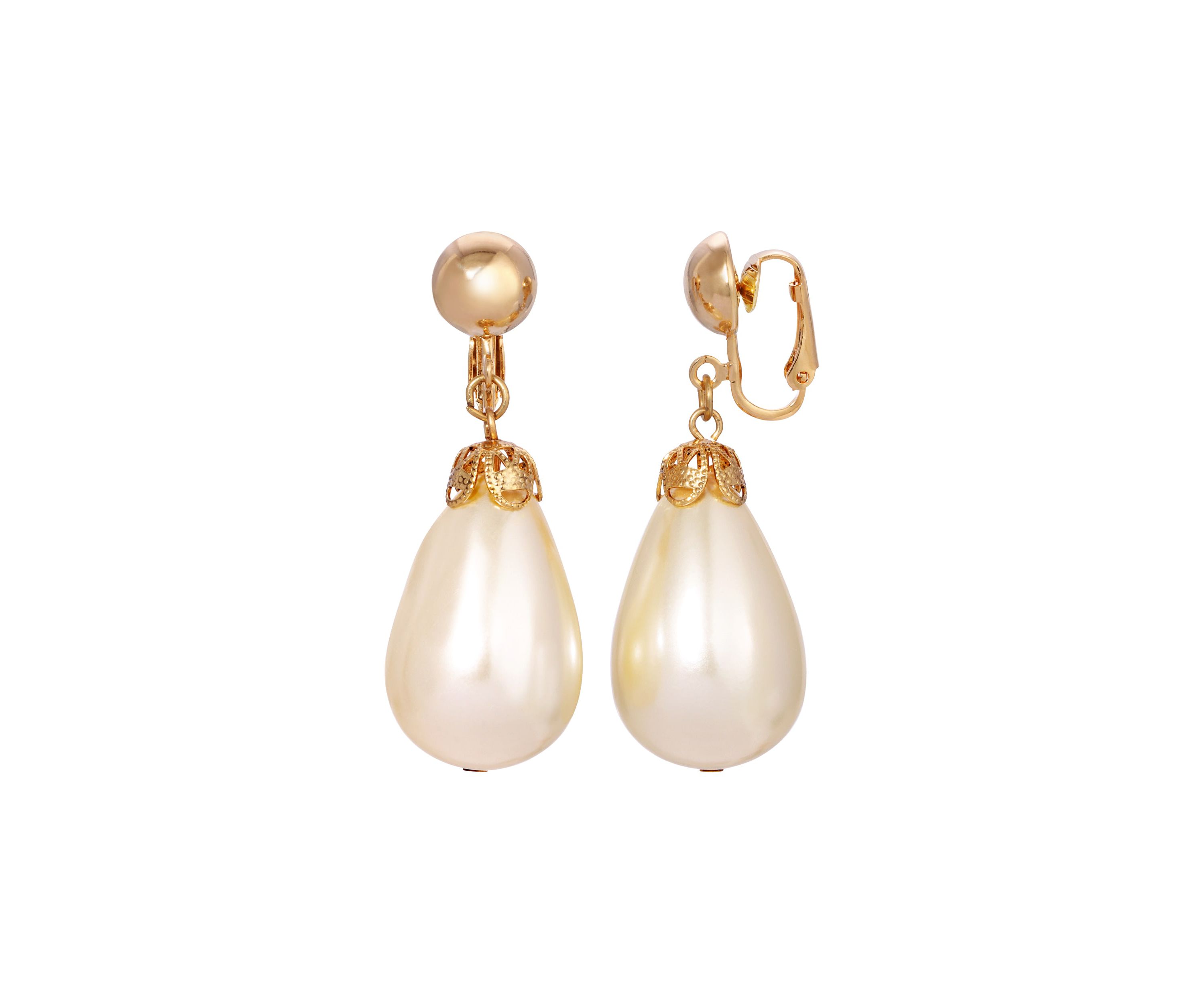 Gold-tone Faux Pearl Drop Clip Earrings
