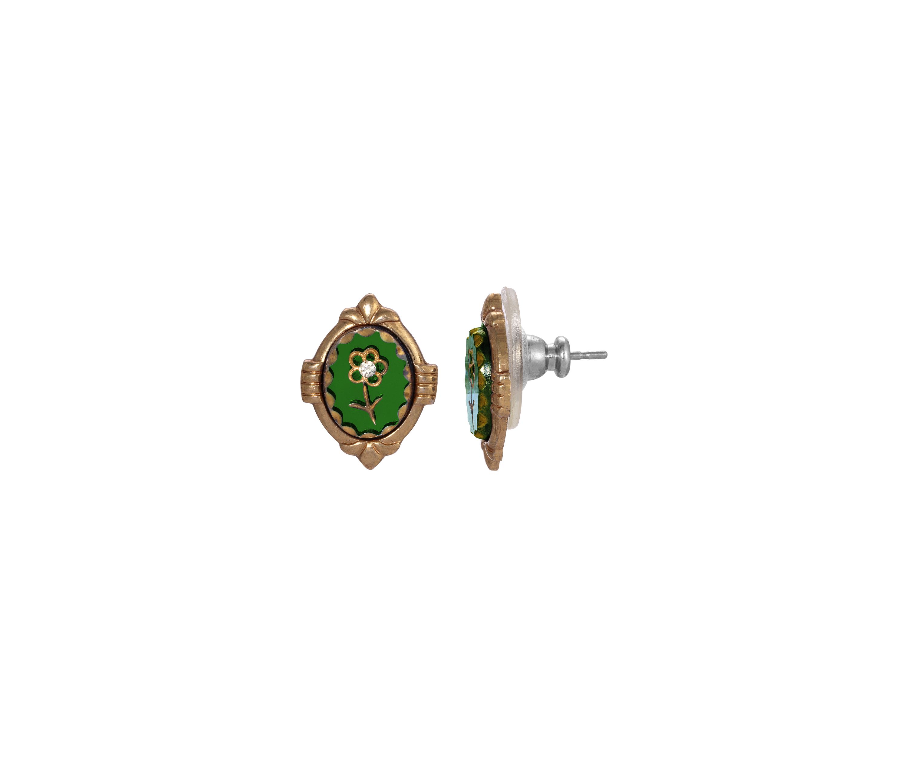 Gold Tone Green Flower Earrings