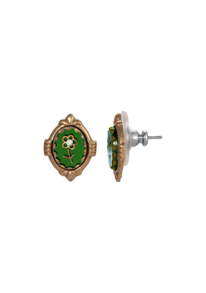 Gold Tone Green Flower Earrings