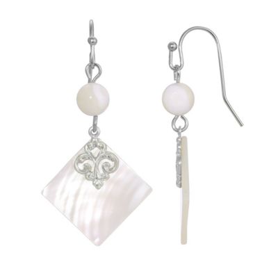 1928 Jewelry Silver Tone Mother of Pearl Shell Stone And Bead Drop Earrings