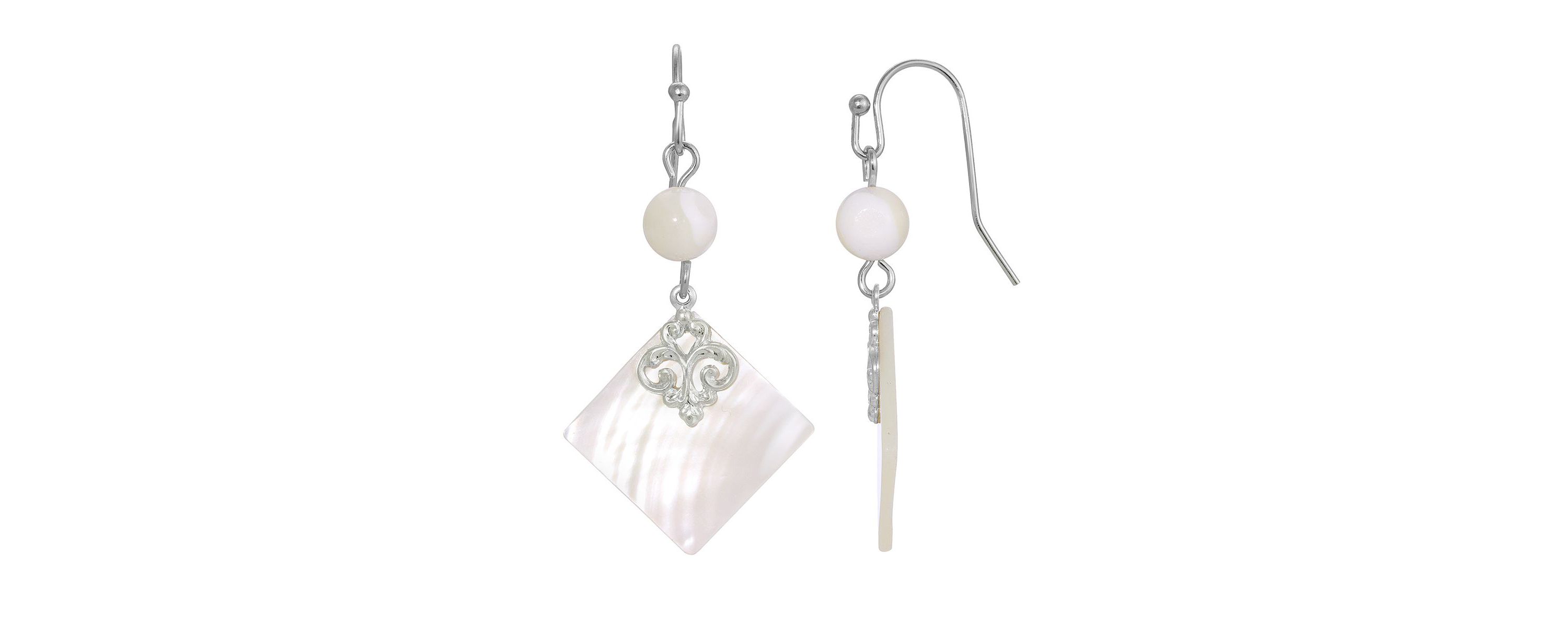 Silver Tone Mother of Pearl Shell Stone And Bead Drop Earrings