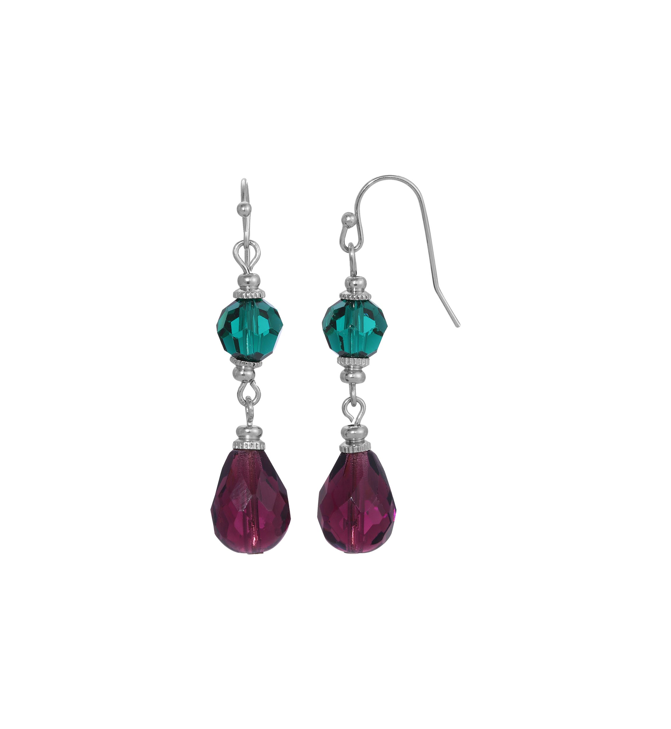 Silver Tone Green Purple Drop Earrings