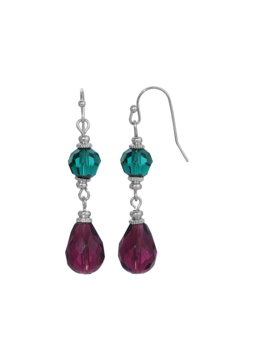 Silver Tone Green Purple Drop Earrings