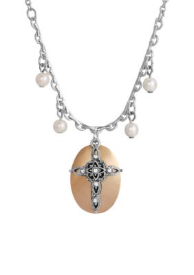 Two-tone Faux Pearl Oval Cross Pendant Necklace 16"