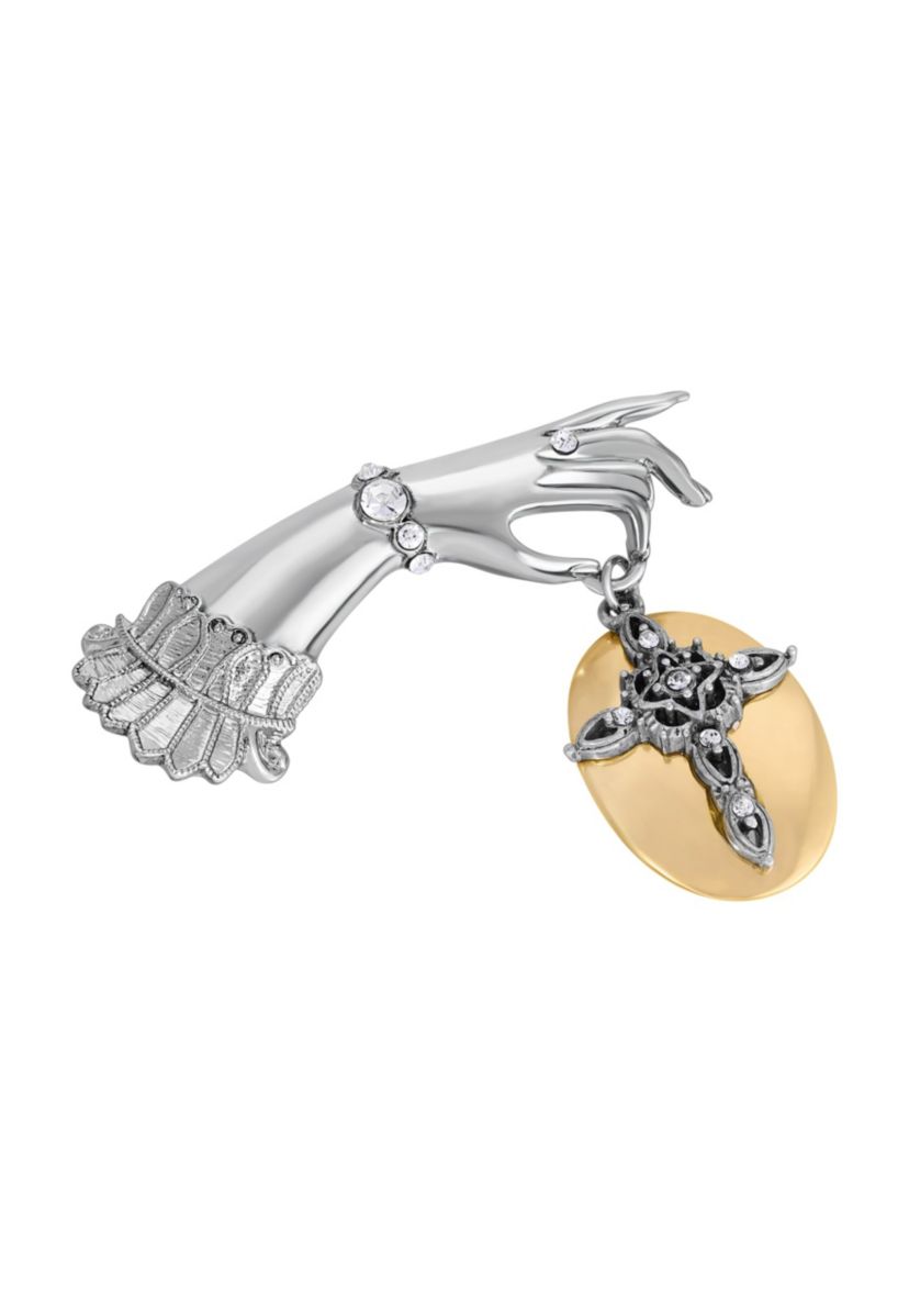 Two-tone Oval Crystal Cross Ladies Hand Pin