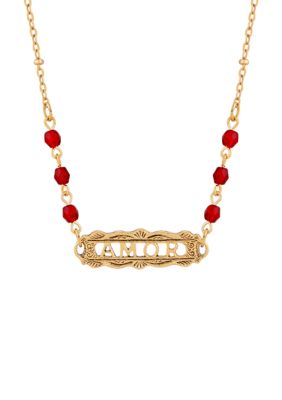 16 Inch Adjustable 14K Gold Dipped Red Beaded "Amor" Necklace