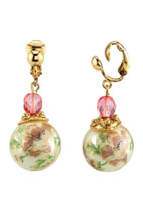 Gold Tone Flower Decal Pearl with Pink Crystal Clip Earrings