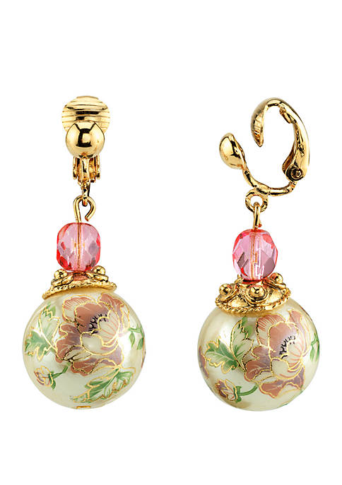 Gold Tone Flower Decal Pearl with Pink Crystal Clip Earrings