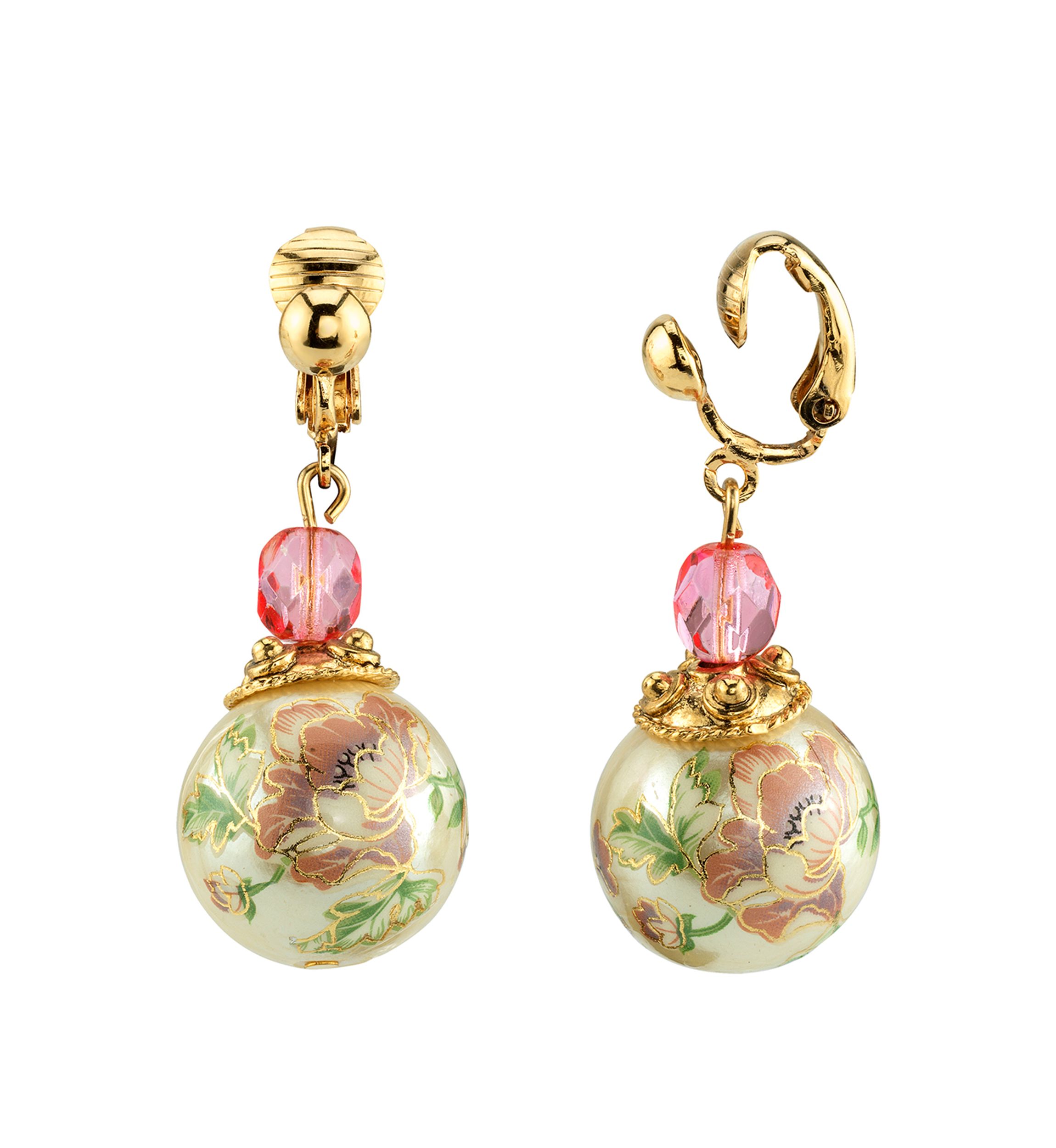 Gold Tone Flower Decal Pearl with Pink Crystal Clip Earrings