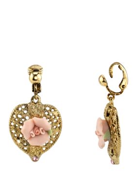 Gold Tone Pink Crystal Rose Heart Drop Clip Earrings