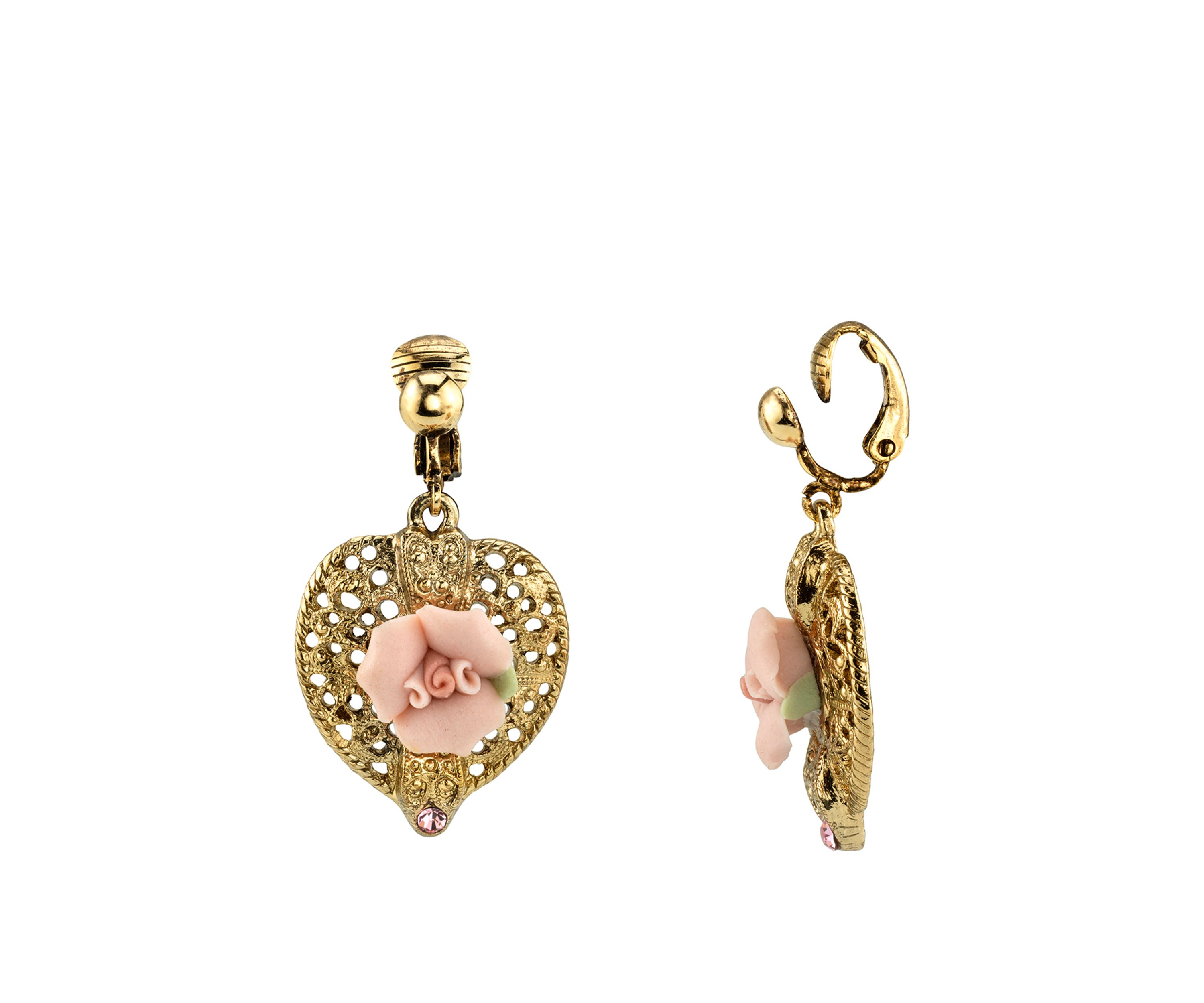 Gold Tone Pink Crystal Rose Heart Drop Clip Earrings