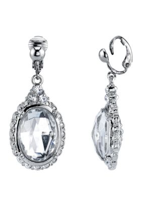 Silver Tone Crystal Oval Drop Clip Earrings