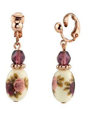 Rose Gold Tone Purple Crystal Bead Flower Drop Clip  Earrings