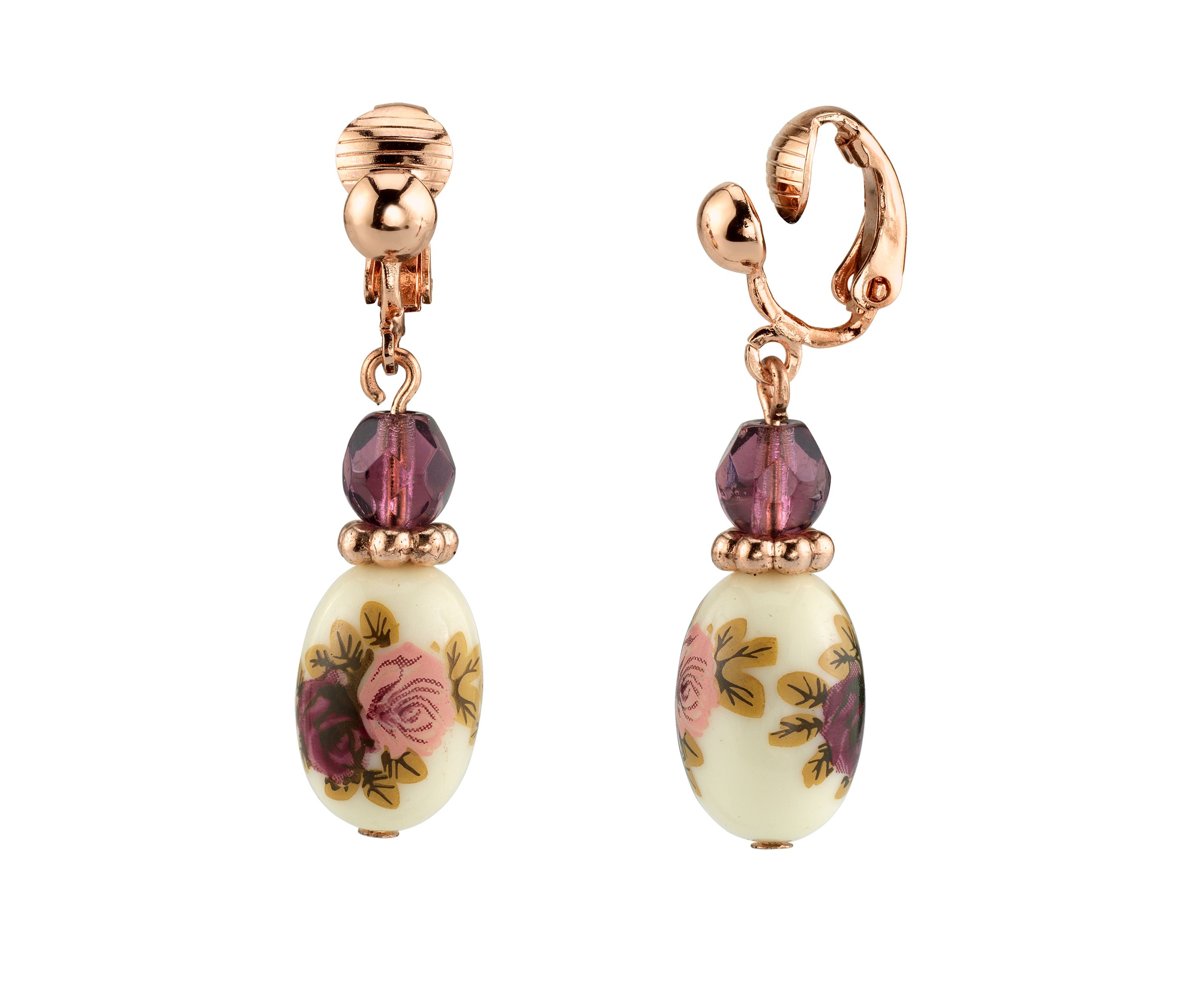 Rose Gold Tone Purple Crystal Bead Flower Drop Clip  Earrings