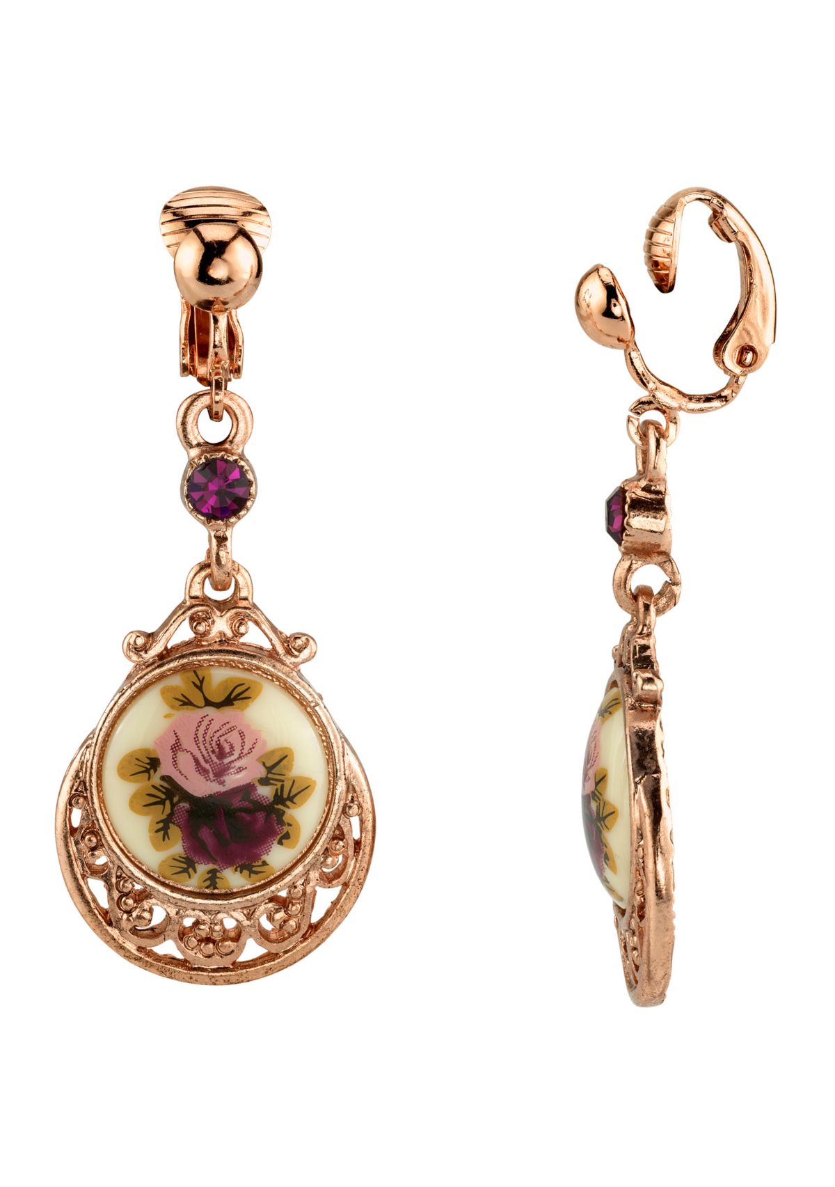 Rose Gold Tone Purple Crystal Flower Clip Drop Earrings