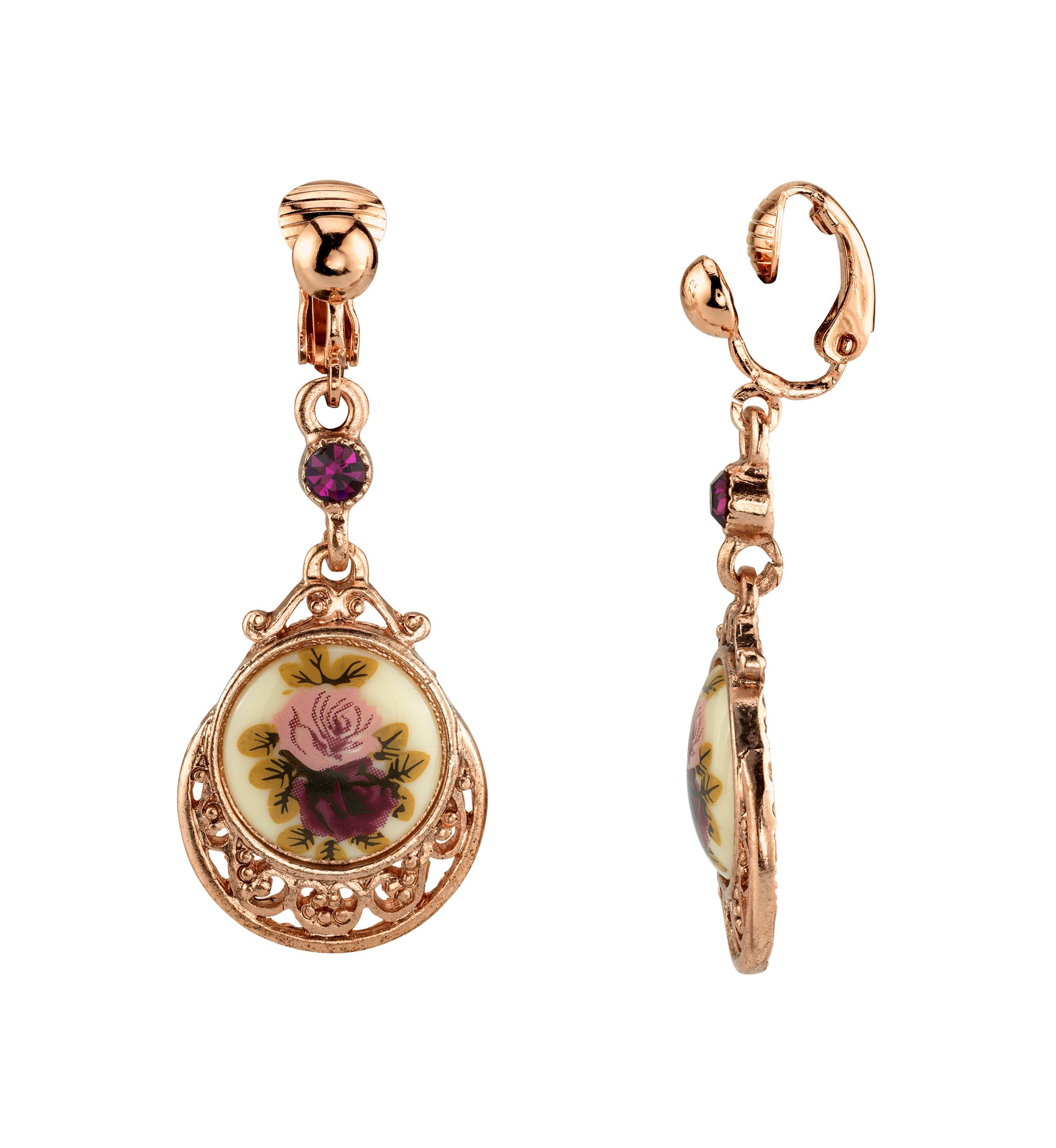 Rose Gold Tone Purple Crystal Flower Clip Drop Earrings