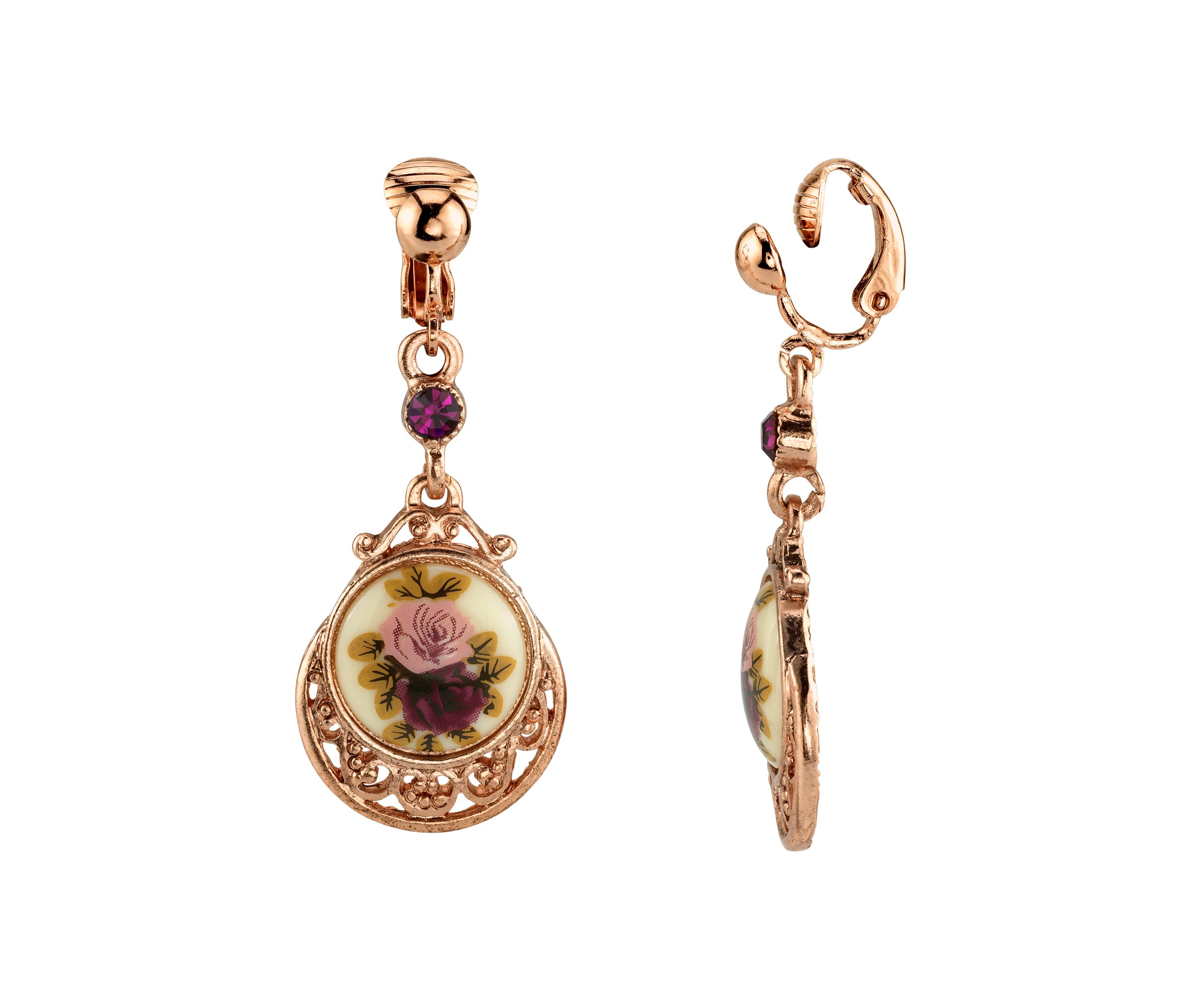 Rose Gold Tone Purple Crystal Flower Clip Drop Earrings