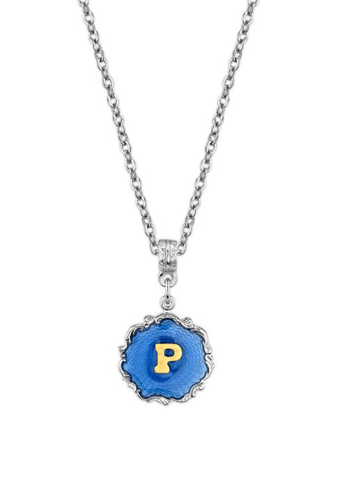 16 Inch Adjustable Silver Tone Blue Enamel Gold Tone Initial "P" Necklace